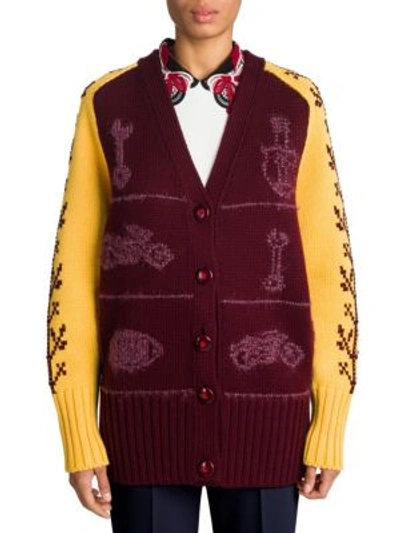 Shop Miu Miu Embroidered Oversize Wool Cardigan In Bordeaux