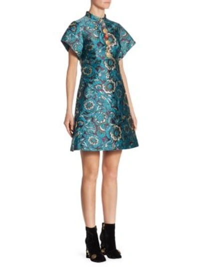 Shop Dolce & Gabbana Lurex Jacquard Floral A-line Dress In Blue Gold
