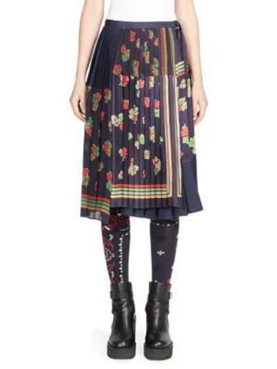 Sacai Floral Print Pleated Patchwork Wrap Skirt In Navy