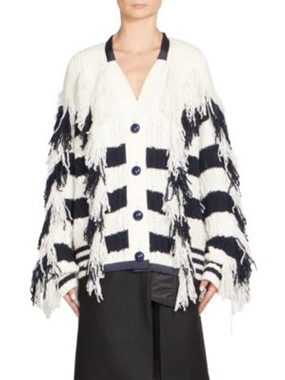 Shop Sacai Stripe Fringe Cardigan In Navy Stripe