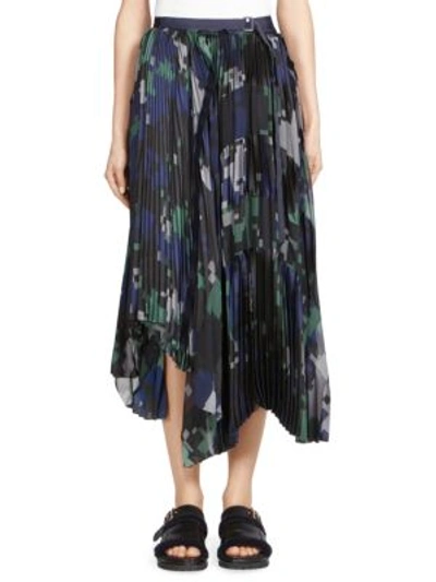 Sacai Asymmetric Printed Plissé-georgette Wrap Midi Skirt In Black Navy