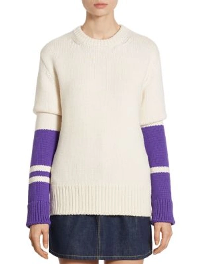 Calvin Klein Collection Striped Wool Chunky Pullover In Blanc Purple