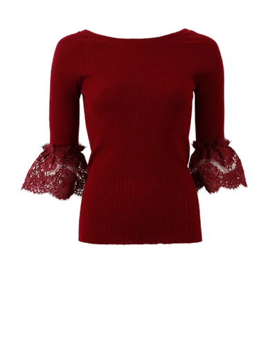 Shop Oscar De La Renta Lace Cuff Knit Top In Bordeau