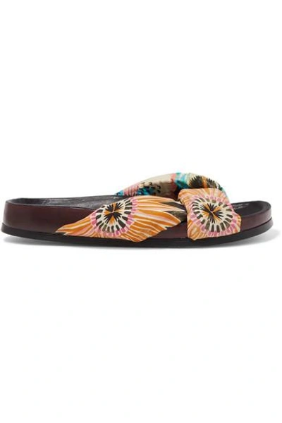 Shop Chloé Floral-print Satin And Leather Slides