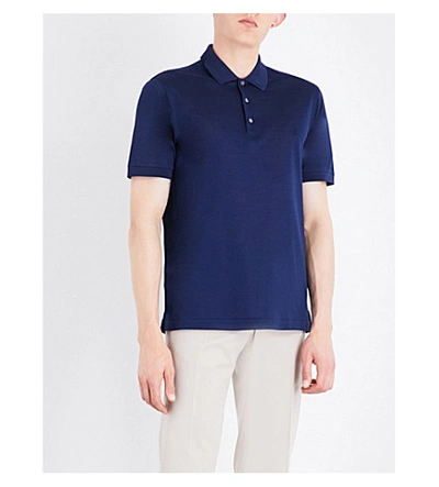 Brioni Logo-embroidered Cotton-mesh Polo Shirt In Navy