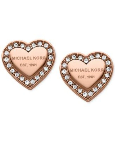 Shop Michael Kors Crystal Heart Stud Earrings In Rose Gold