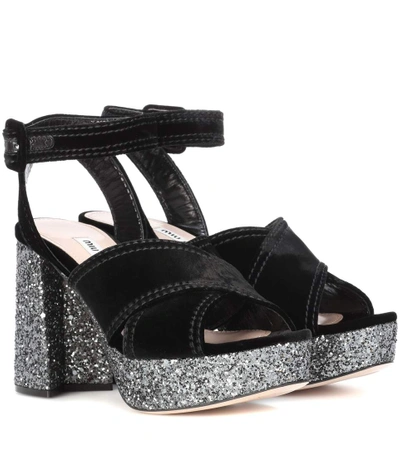 Miu Miu Velvet And Glitter-covered Platform Sandals In N11 Nero+ardesia