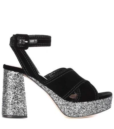 Shop Miu Miu Velvet And Glitter Platform Sandals In Black