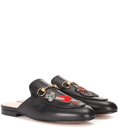 Shop Gucci Princetown Leather Slippers With Appliqués In Black