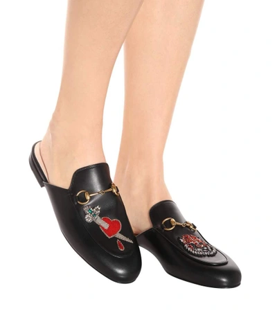 Shop Gucci Princetown Leather Slippers With Appliqués In Black