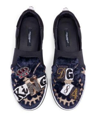 Shop Dolce & Gabbana Embroidered Velvet Slip-on Sneakers In Dark Blue