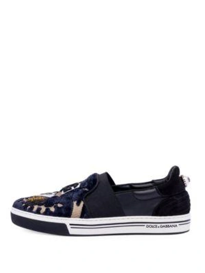 Shop Dolce & Gabbana Embroidered Velvet Slip-on Sneakers In Dark Blue