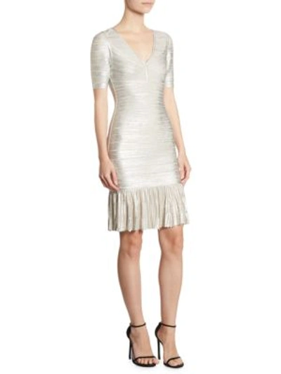 Shop Herve Leger Metallic V-neck Dress In Silver