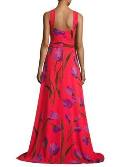 Shop David Meister Cross Neck Halter Floral-printed Gown In Red/purple