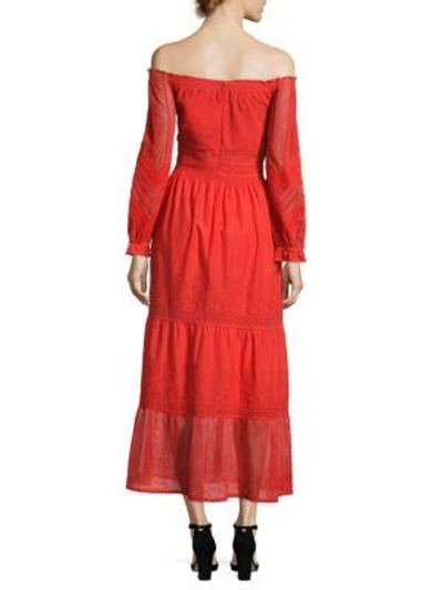 Shop Kobi Halperin Tessa Embroidered Off-the-shoulder Dress In Flame