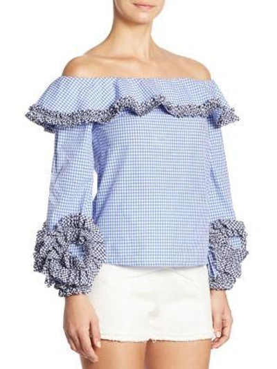 Shop Alexis Regine Ruffled Cotton Top In Blue Gingham