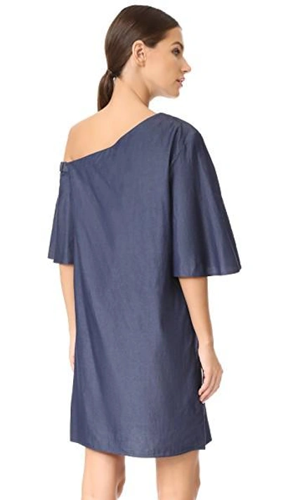 Shop Tibi One Shoulder Bell Sleeve Dress In Dark Denim