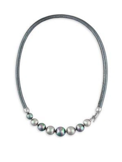 Shop Majorica 9-12mm Nuage And Grey Pearl And Leather Graduated Necklace