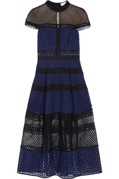 Shop Self-portrait Paneled Guipure Lace Dress In Navy