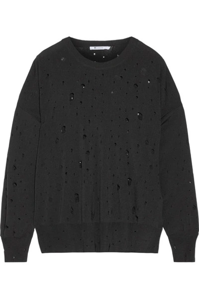 Shop Alexander Wang T Distressed Stretch-knit Sweater In Black