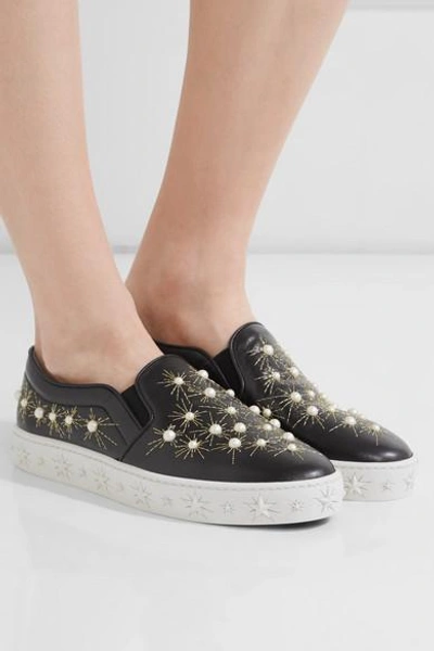 Shop Aquazzura Cosmic Embellished Embroidered Leather Slip-on Sneakers