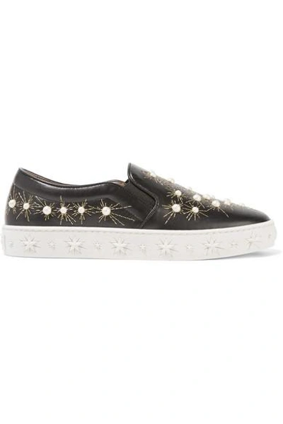 Shop Aquazzura Cosmic Embellished Embroidered Leather Slip-on Sneakers