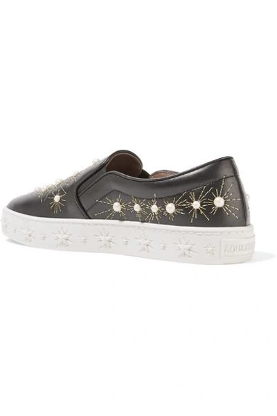 Shop Aquazzura Cosmic Embellished Embroidered Leather Slip-on Sneakers