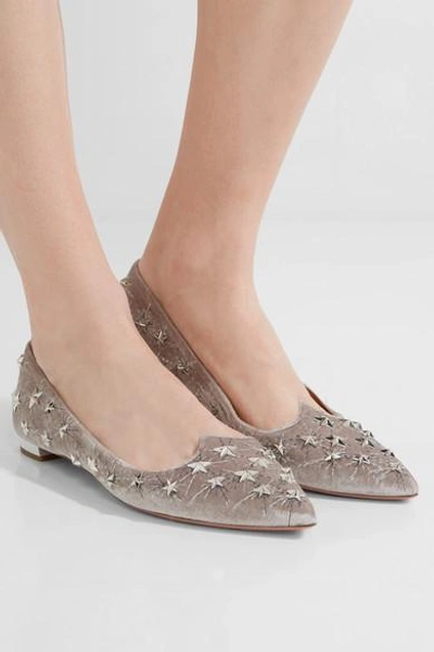 Shop Aquazzura Cosmic Studded Embroidered Velvet Point-toe Flats