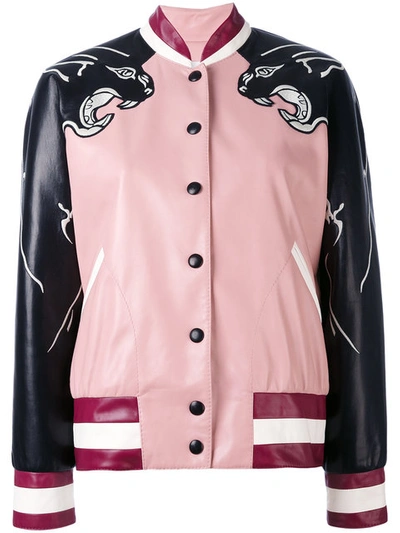 Valentino Nappa Leather Bomber Jacket W/ Panther In Llack Rose Ivory