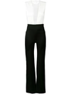 Galvan Sleeveless Deep-v Sheer-tulle Bodice Bicolor Tuxedo Jumpsuit In Black/white