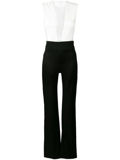 Galvan Sleeveless Deep-v Sheer-tulle Bodice Bicolor Tuxedo Jumpsuit In Black/white