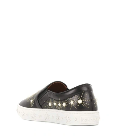 Shop Aquazzura Cosmic Pearls Leather Slip-on Sneakers In Black