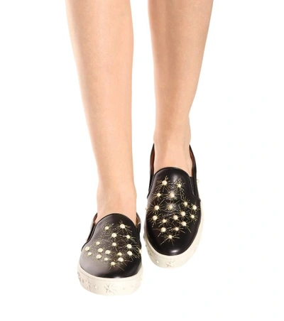 Shop Aquazzura Cosmic Pearls Leather Slip-on Sneakers In Black