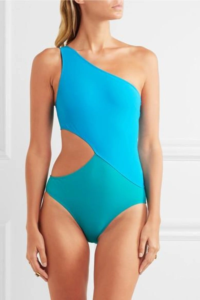 Shop Araks Elmar One-shoulder Cutout Two-tone Swimsuit In Turquoise