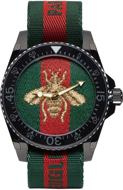 Shop Gucci Green And Red Web Bee Dive Watch