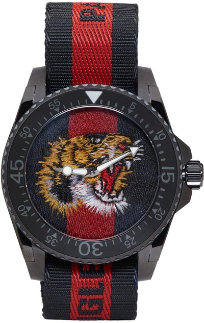 Shop Gucci Navy And Red Web Tiger Dive Watch