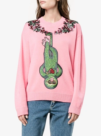 Shop Gucci Monkey Embroidered Jumper In Pink/purple