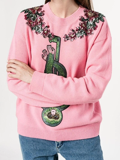 Shop Gucci Monkey Embroidered Jumper In Pink/purple