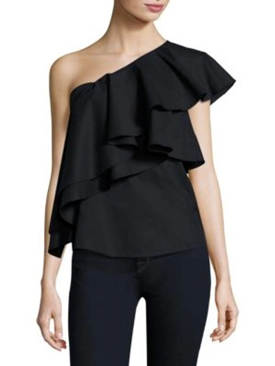 Milly Cascading Ruffle One Shoulder Top In Black