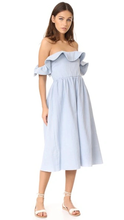 Apiece Apart Novella Off-the-shoulder Denim Midi Dress In Bleach Blue