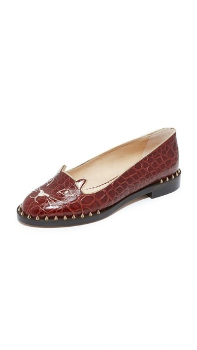 Charlotte Olympia Kitty Cat Flats In Chestnut