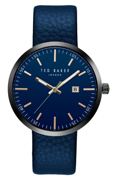 Ted Baker Jack Round Leather Strap Watch, 40mm In Blue/ Blue