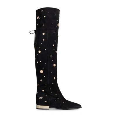 Shop Roger Vivier New Polly Astre Studs Over-the Knee Boots In Suede In Black