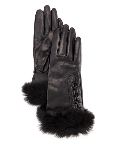 Ugg Analise Leather Gloves W/fur Trim, Black