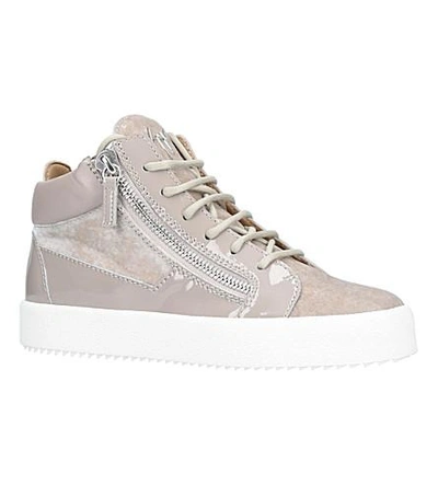 Shop Giuseppe Zanotti Mid-top Velvet And Leather Sneakers In Grey