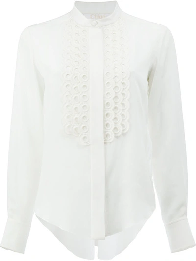 Chloé Embroidered Lapel Detail Silk Shirt In Iconic Milk|bianco