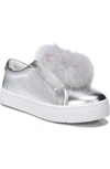 Sam Edelman Leya Metallic Faux Fur Pompom Accented Sneakers In Soft Silver