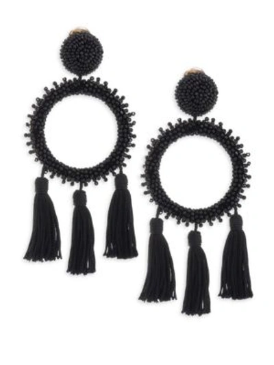 Shop Oscar De La Renta Large Beaded Circle Tassel Clip-on Earrings In Black