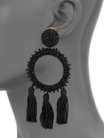 Shop Oscar De La Renta Large Beaded Circle Tassel Clip-on Earrings In Black