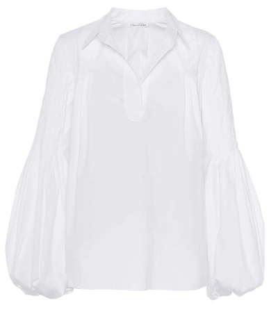 Oscar De La Renta Pleated Stretch Cotton-blend Blouse In White